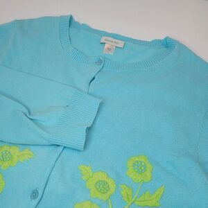Garnet Hill, Blue Cardigan Sweater, Floral Embroidary, 3/4 Sleeve,‎ Size L